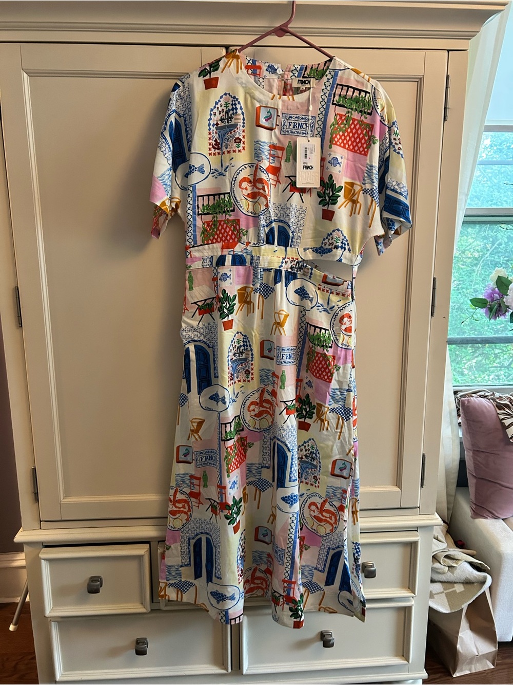 FRNCH Multicolor Midi Dress with Blue, Pink & Orange Motifs